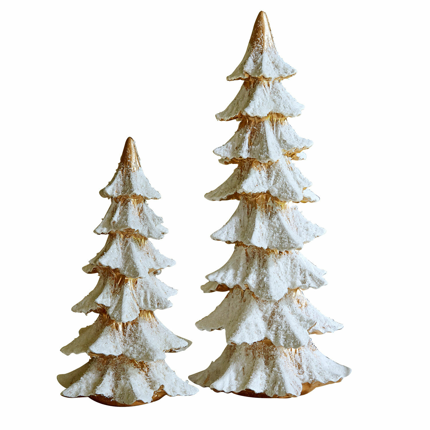Lot de 2 arbres décoratifs Norbury Deux sapins décoratifs en céramique avec neige blanche et accents dorés, décoration de Noël élégante
