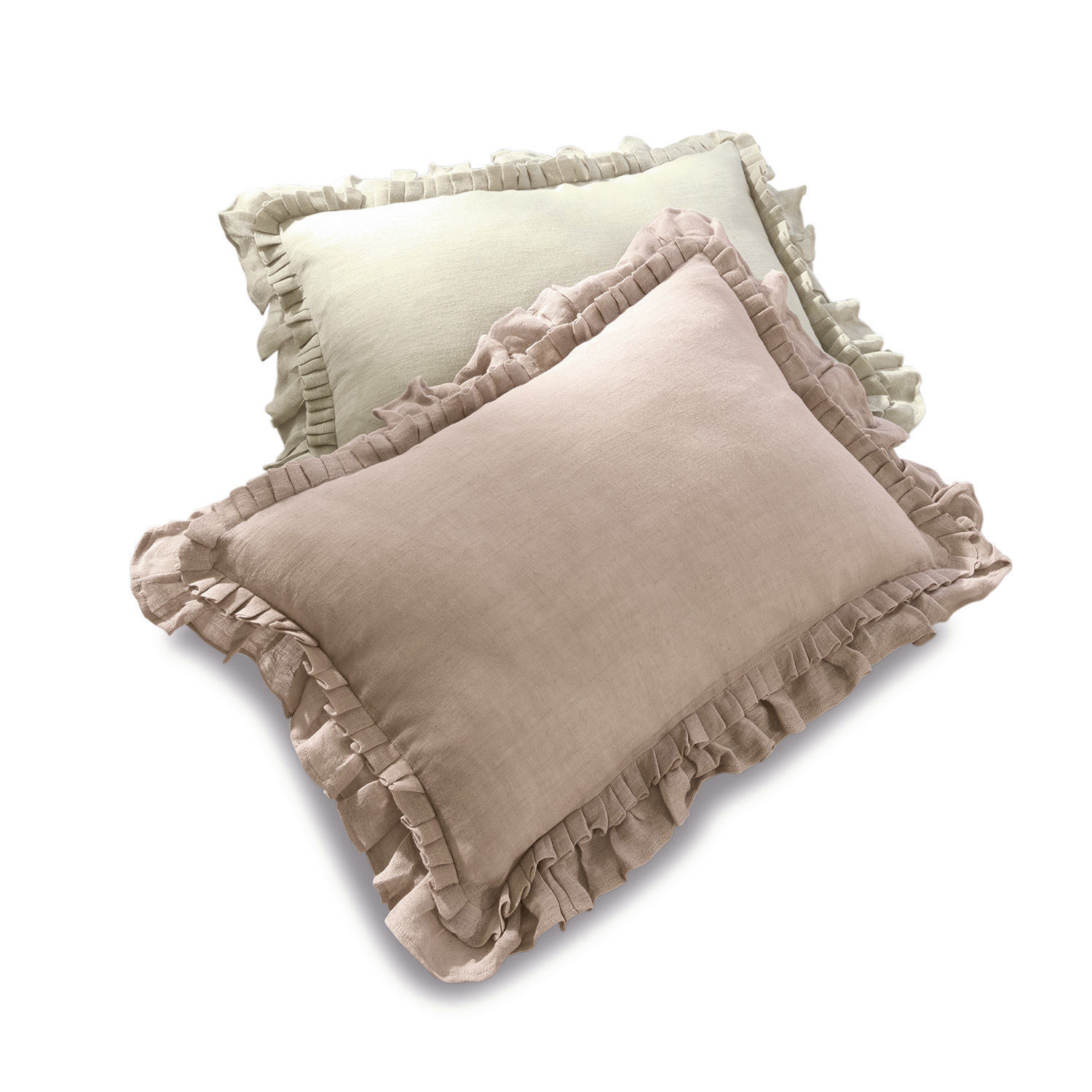 Lot de 2 coussins Maelys en lin vieux rose et beige avec volants, coussins décoratifs pour salon