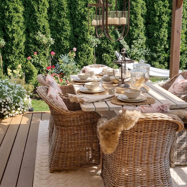 Ensemble de meubles de jardin en osier naturel avec table blanche et décorations sur terrasse ensoleillée