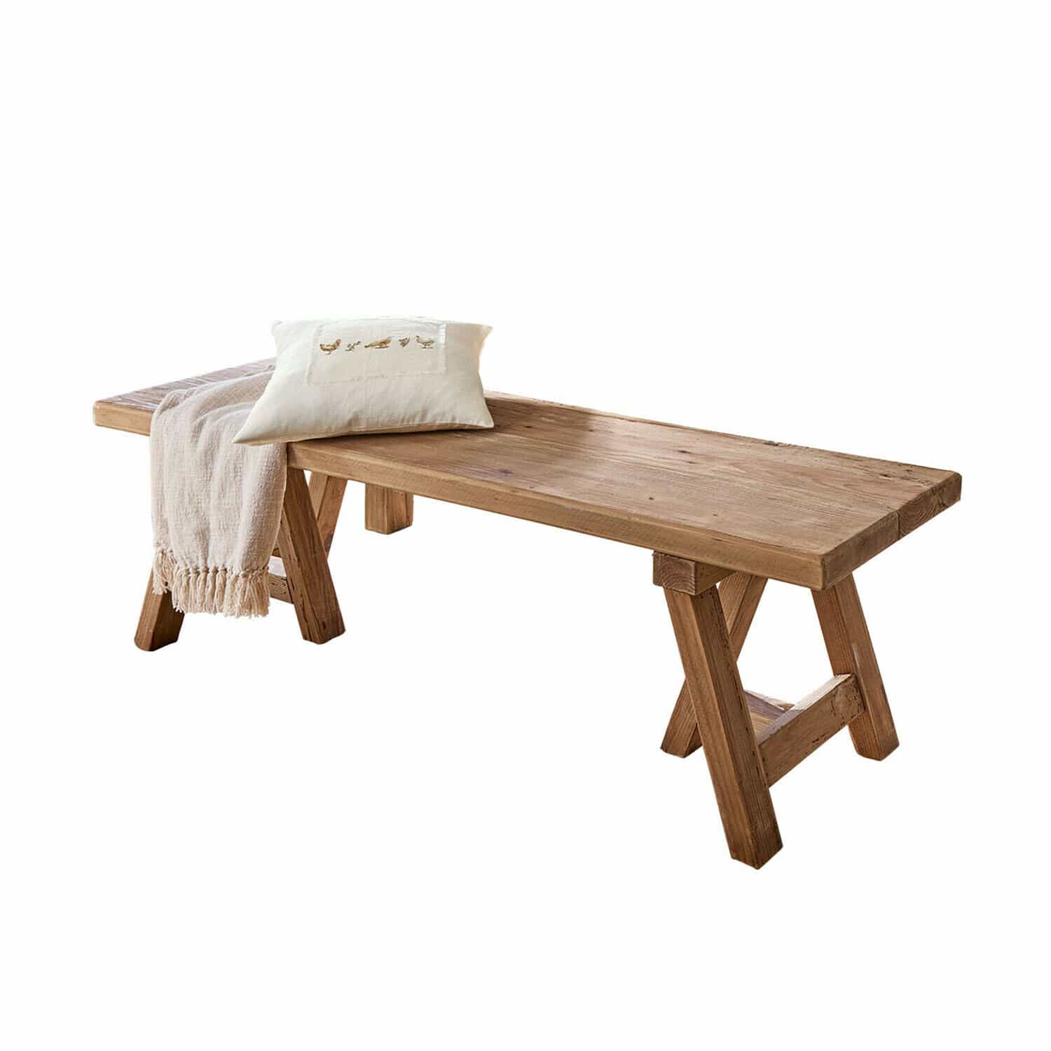 Banc Amherst Banc en bois de pin naturel avec coussin et plaid beige pour salon rustique