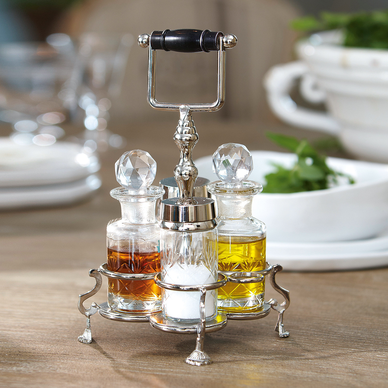 Ensemble assaisonnement Fayetteville Ensemble d'assaisonnement en verre et métal avec bouchons en cristal pour huile, vinaigre et sel