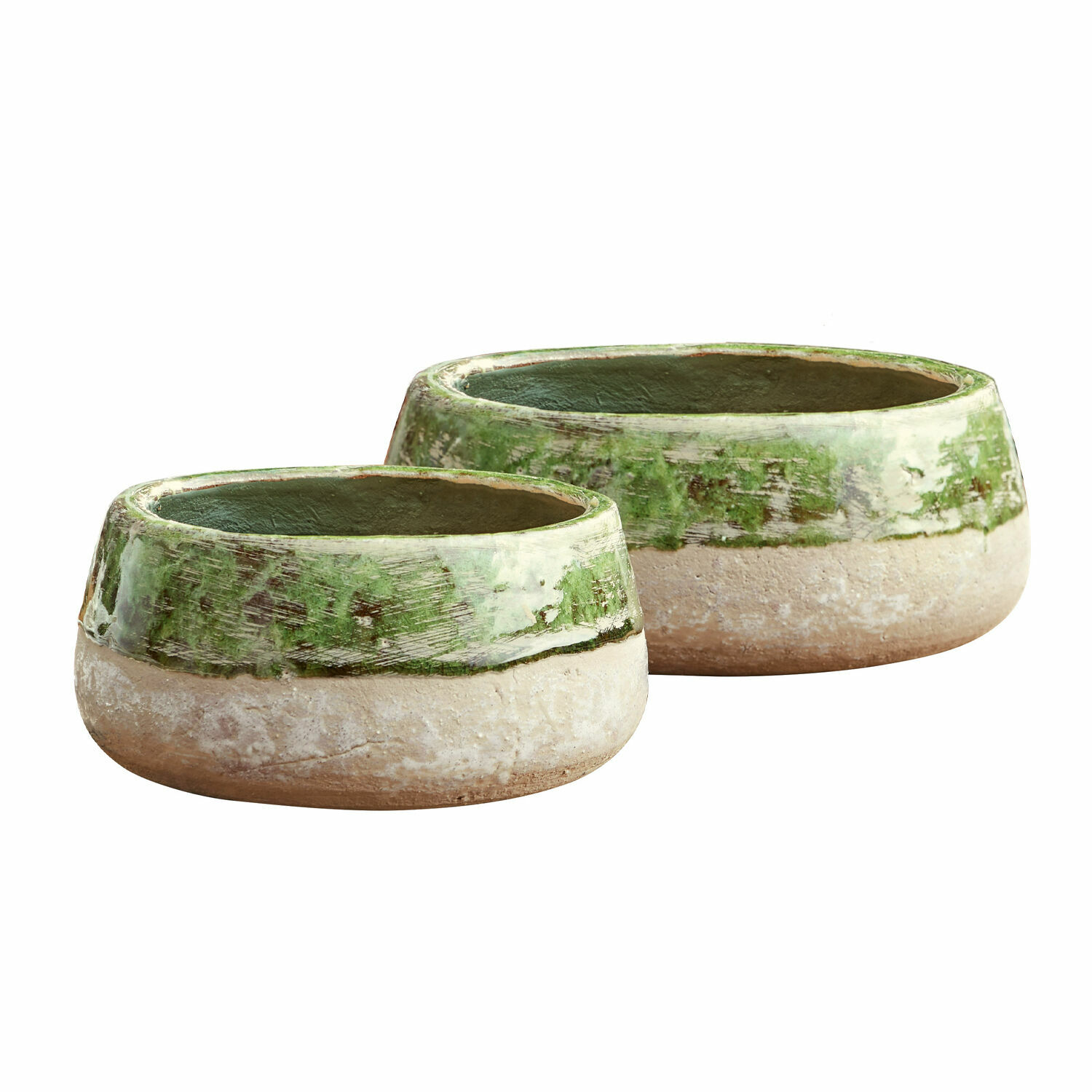 Lot de 2 coupes Reefton Ensemble de deux pots en céramique vert et beige pour décoration intérieure et extérieure