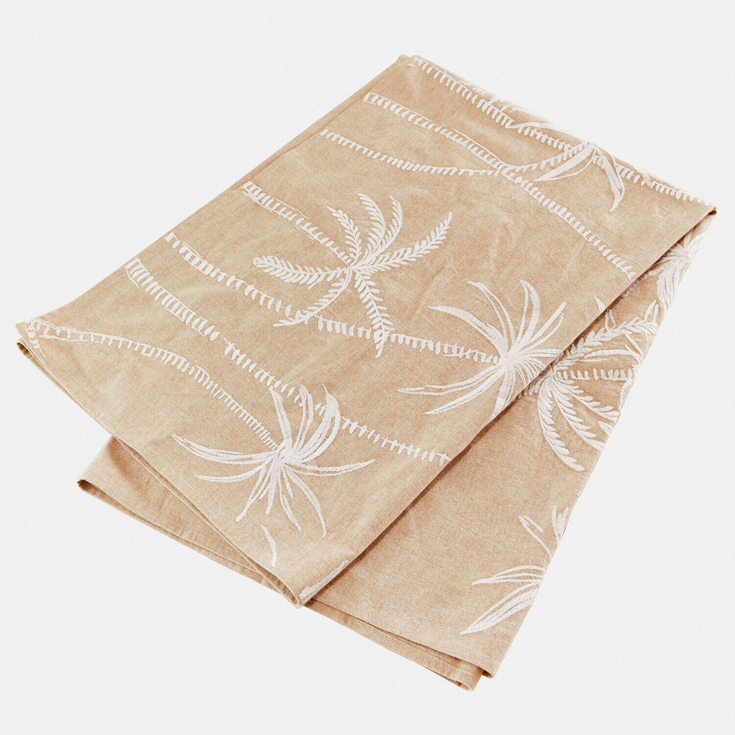 Plaid Windlake Nappe beige en lin avec motif végétal blanc, textile décoratif pour salon ou salle à manger