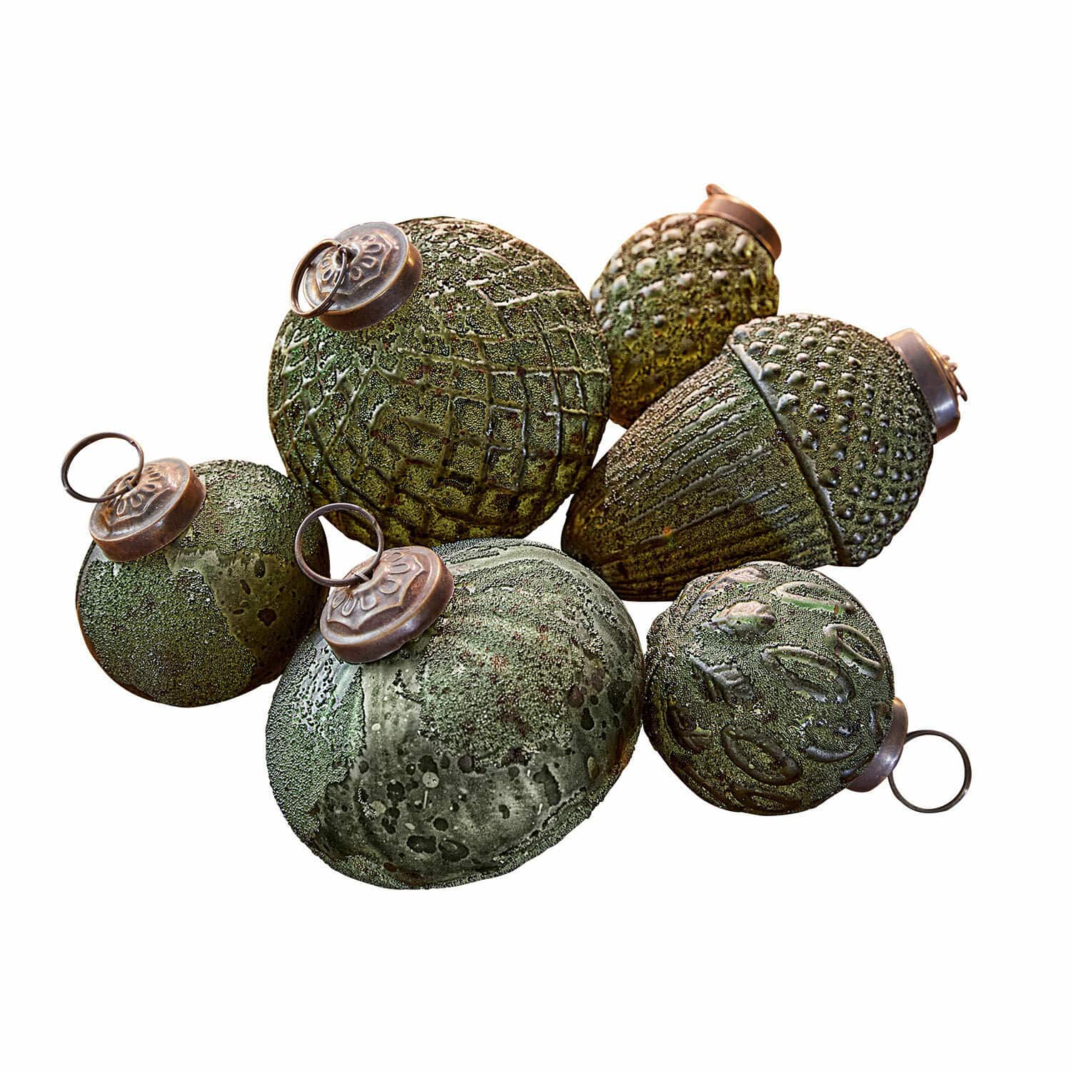 Lot de 6 décorations de Noël Lento Ensemble de décorations de Noël vertes texturées avec anneaux métalliques pour sapin