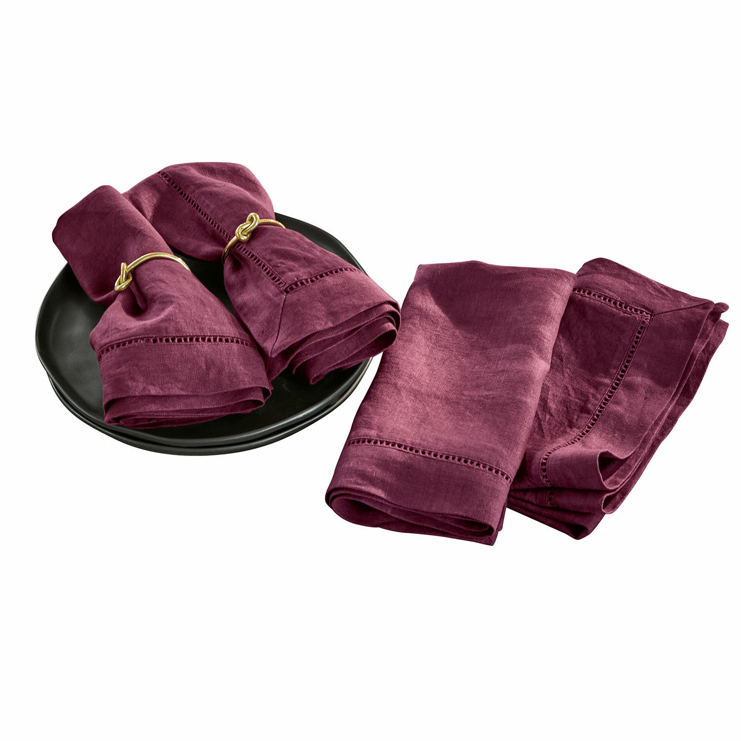 Lot de 4 serviettes Covent Garden Ensemble de serviettes en lin bordeaux avec couture décorative et anneaux dorés pour serviettes