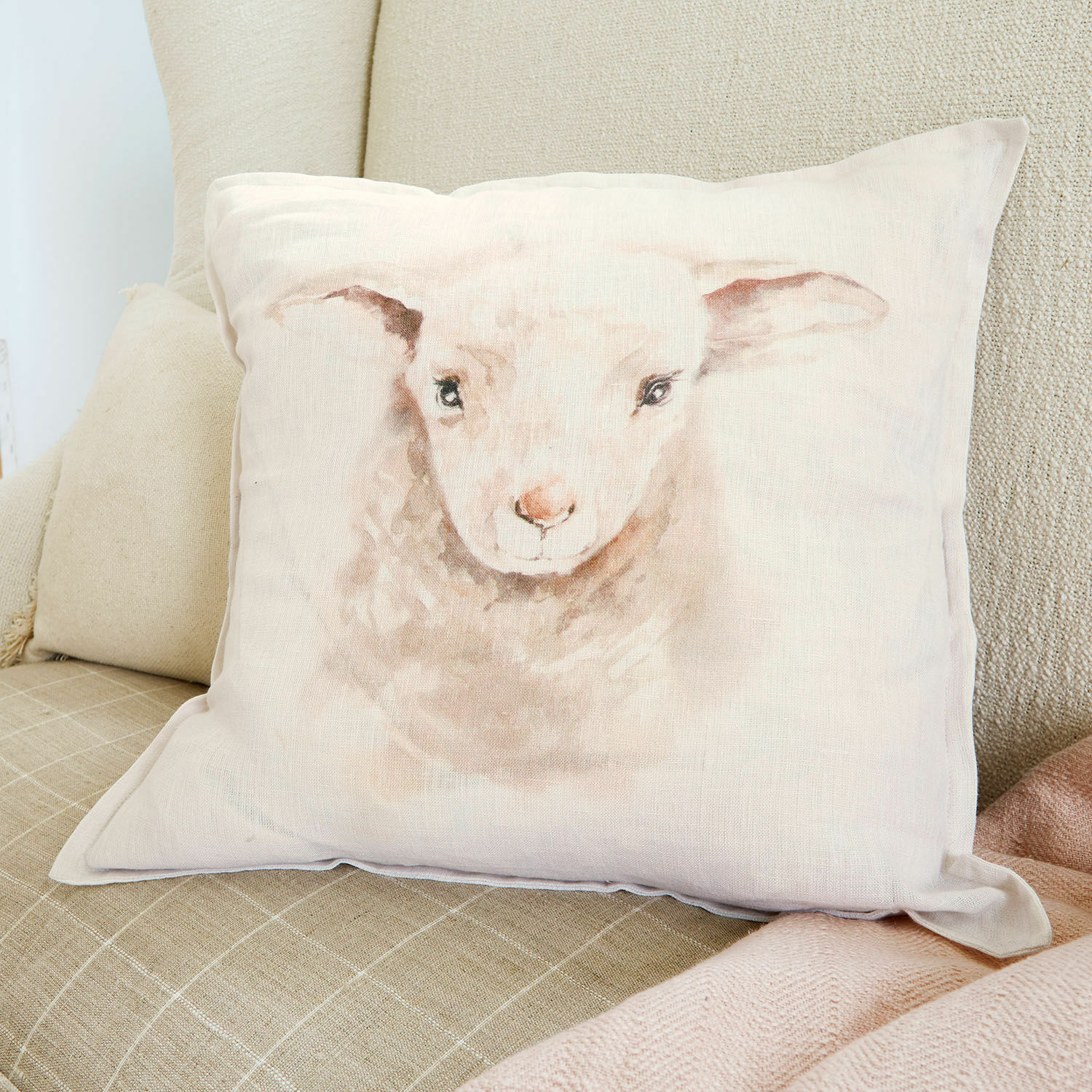 Housse de coussin Xénandrine Coussin beige en lin avec impression visage d'agneau, décoration douce et naturelle pour salon