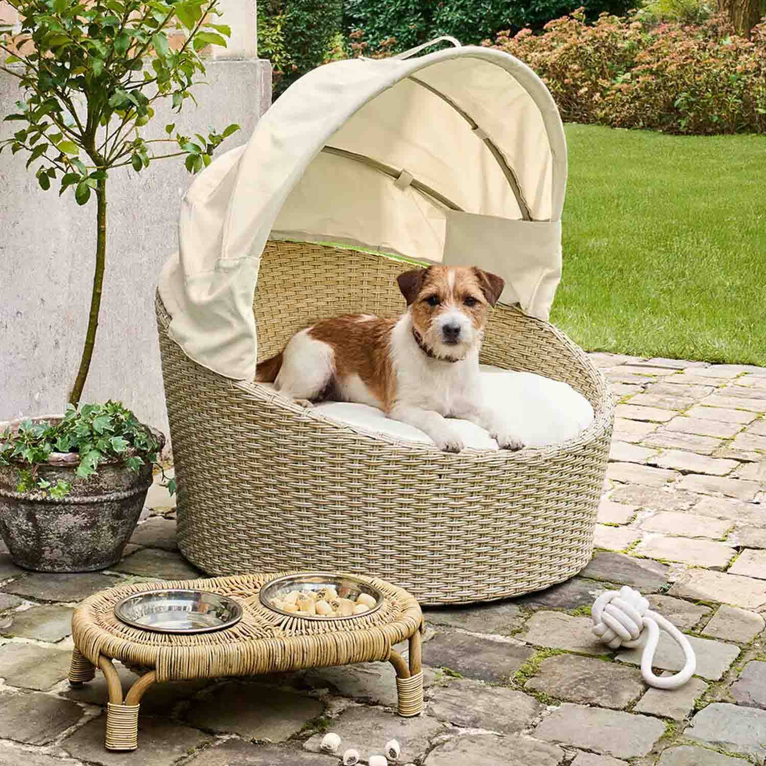 Panier rond pour chien en rotin beige avec coussin crème et auvent, idéal pour extérieur