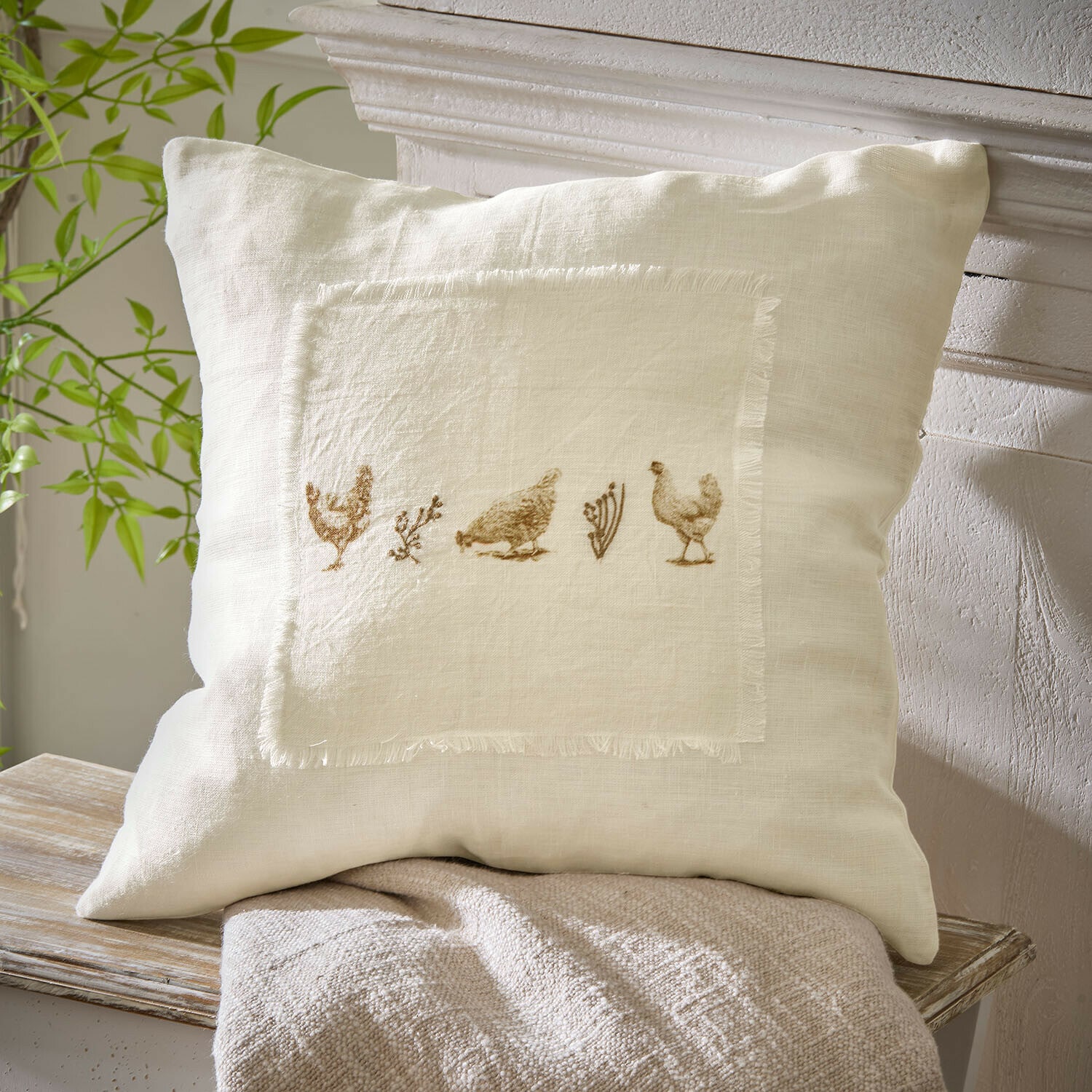 Housse de coussin Chavéreau Coussin en lin beige avec motifs de poules et plantes, décoration naturelle pour salon ou chambre