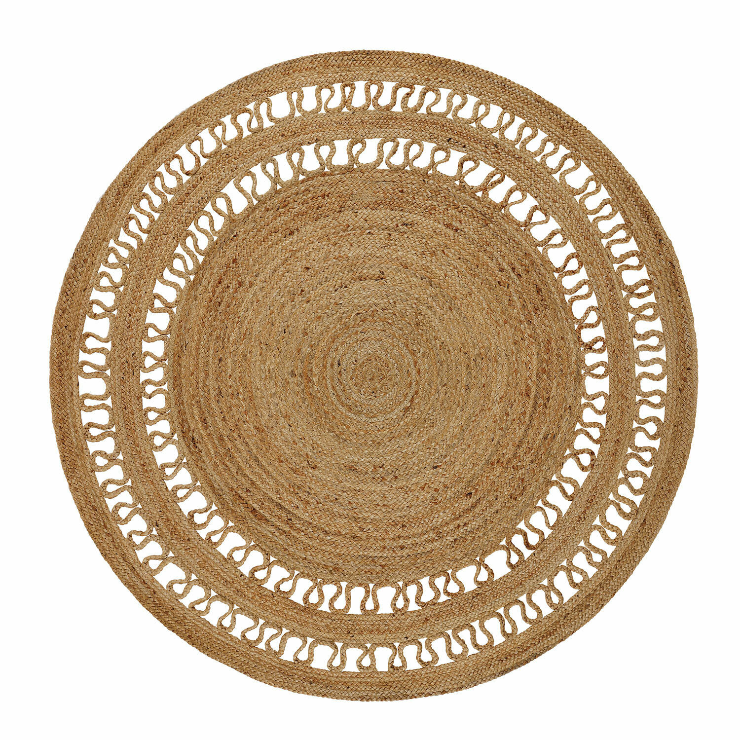 Tapis Nymarion Tapis rond en jute couleur naturelle avec motif décoratif et mailles ouvertes