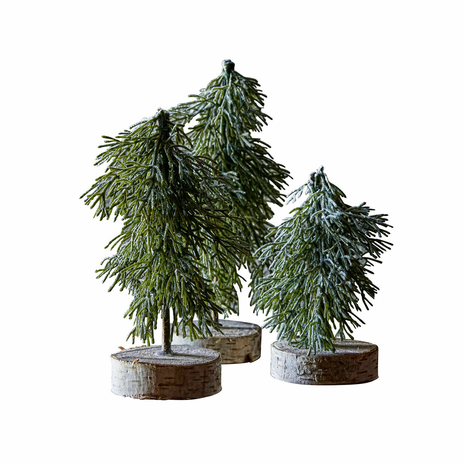 Lot de 3 arbres Lonzac Trois sapins décoratifs verts sur socle en bois de bouleau, décoration de Noël naturelle