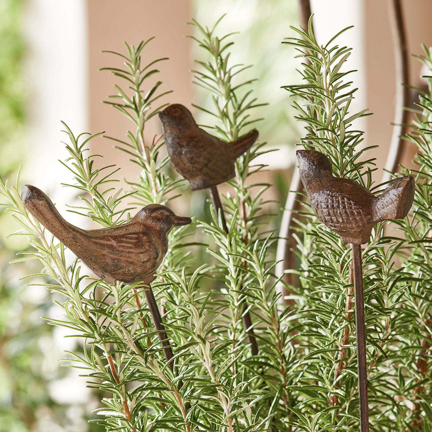 Lot de 3 piques de jardin Laver Oiseaux décoratifs en métal brun sur tiges plantés dans des plantes vertes pour jardin