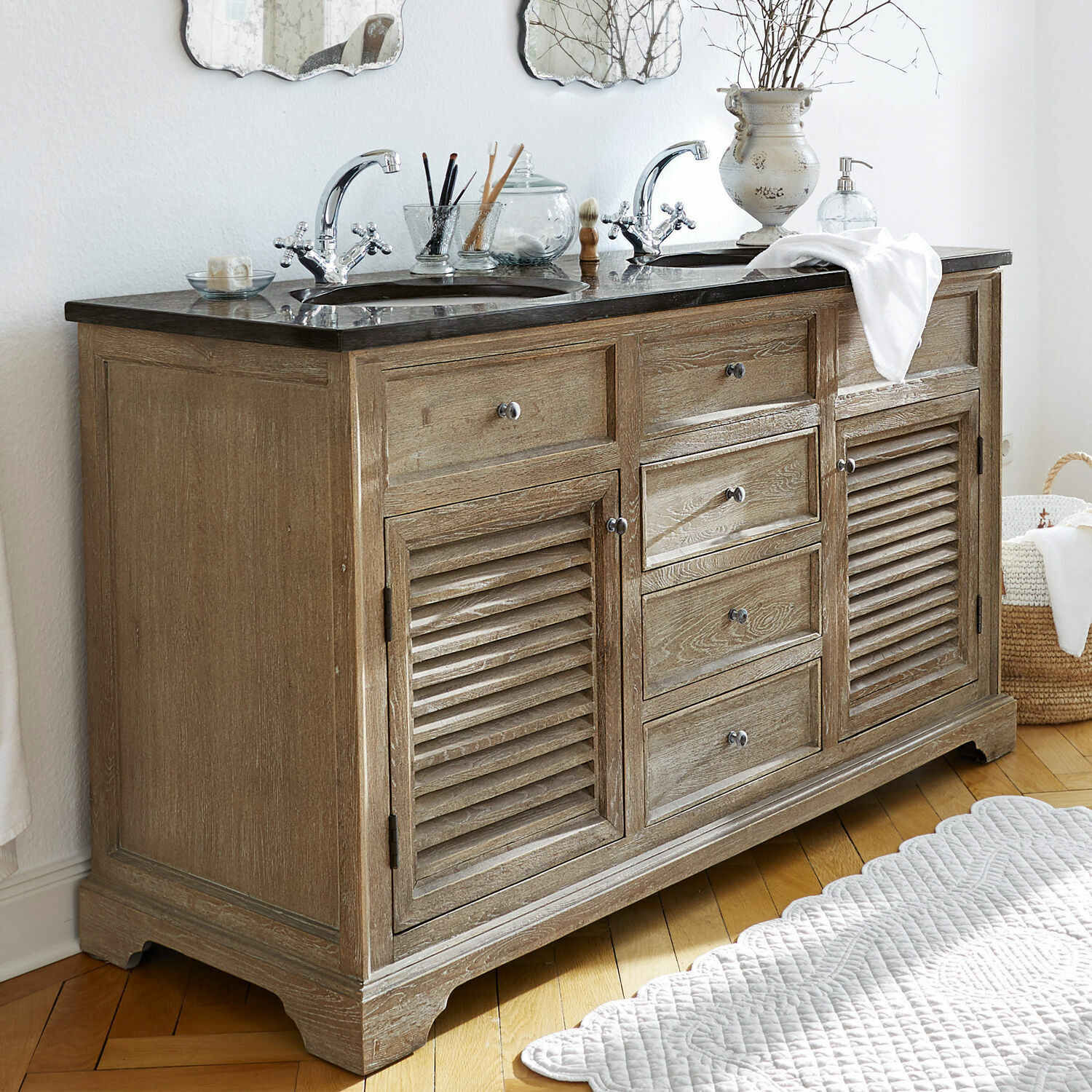 Meuble à double-vasque Malmaison Meuble de salle de bain en bois avec double vasque et plan noir, style rustique