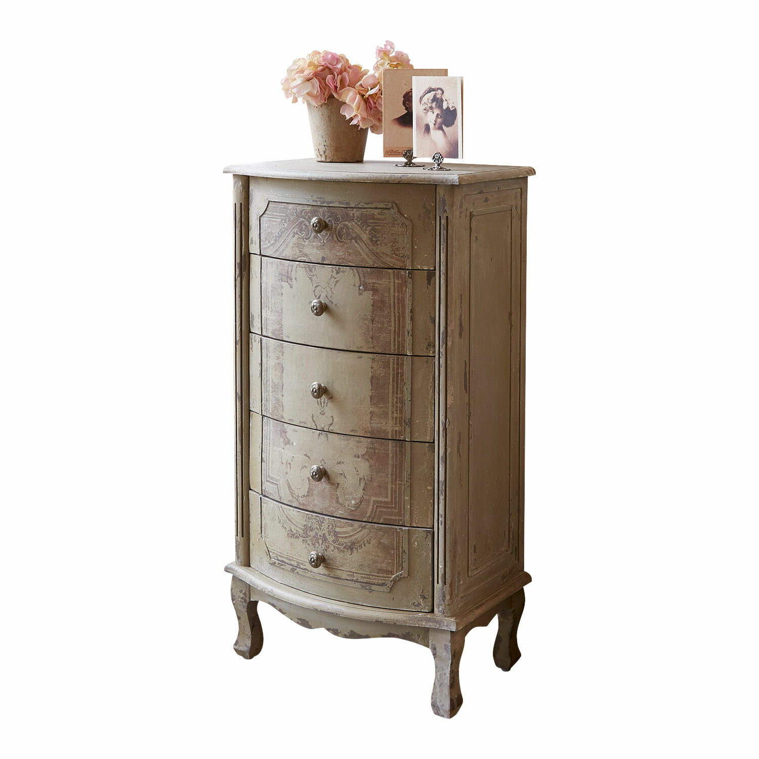 Commode Estere Commode en bois beige vieilli avec cinq tiroirs et motif décoratif, style vintage élégant