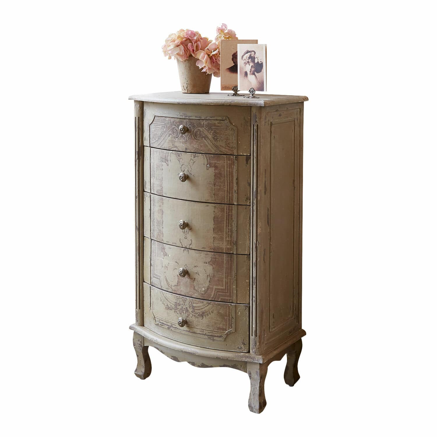 Commode Estere Commode en bois beige vieilli avec cinq tiroirs et motif décoratif, style vintage élégant
