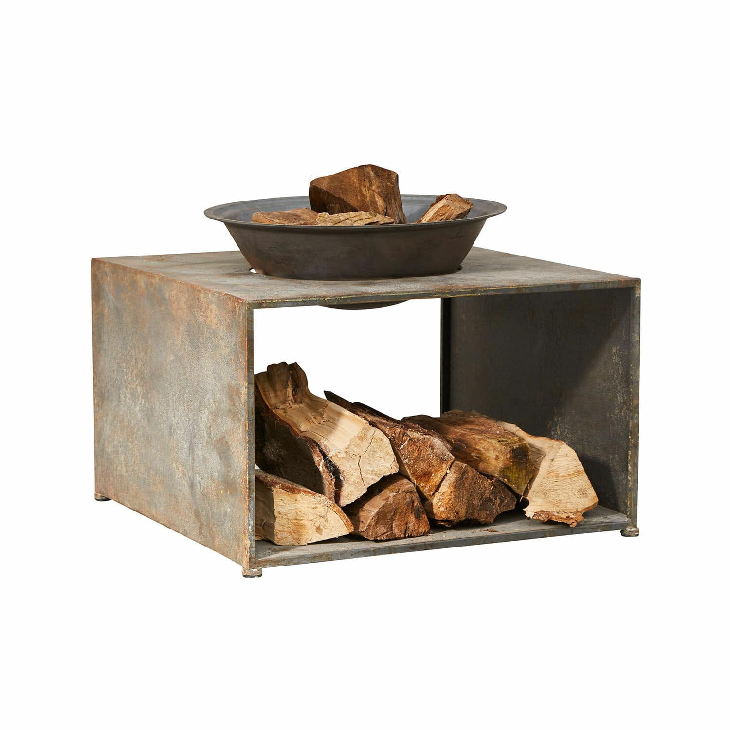 Brasero Rivolet Brasero carré en métal avec rangement pour bois et plateau supérieur rouillé pour feu extérieur