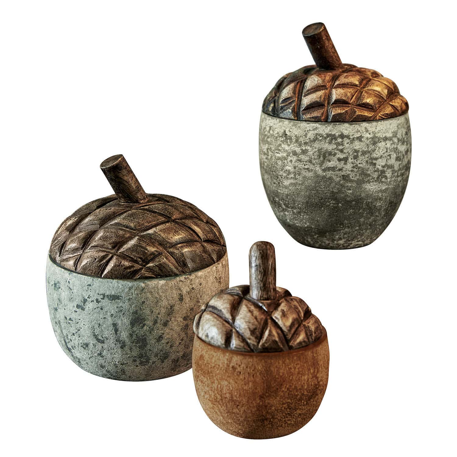 Lot de 3 glands Vibius Ensemble de trois boîtes décoratives en forme de glands en bois et pierre aux couleurs naturelles pour la maison