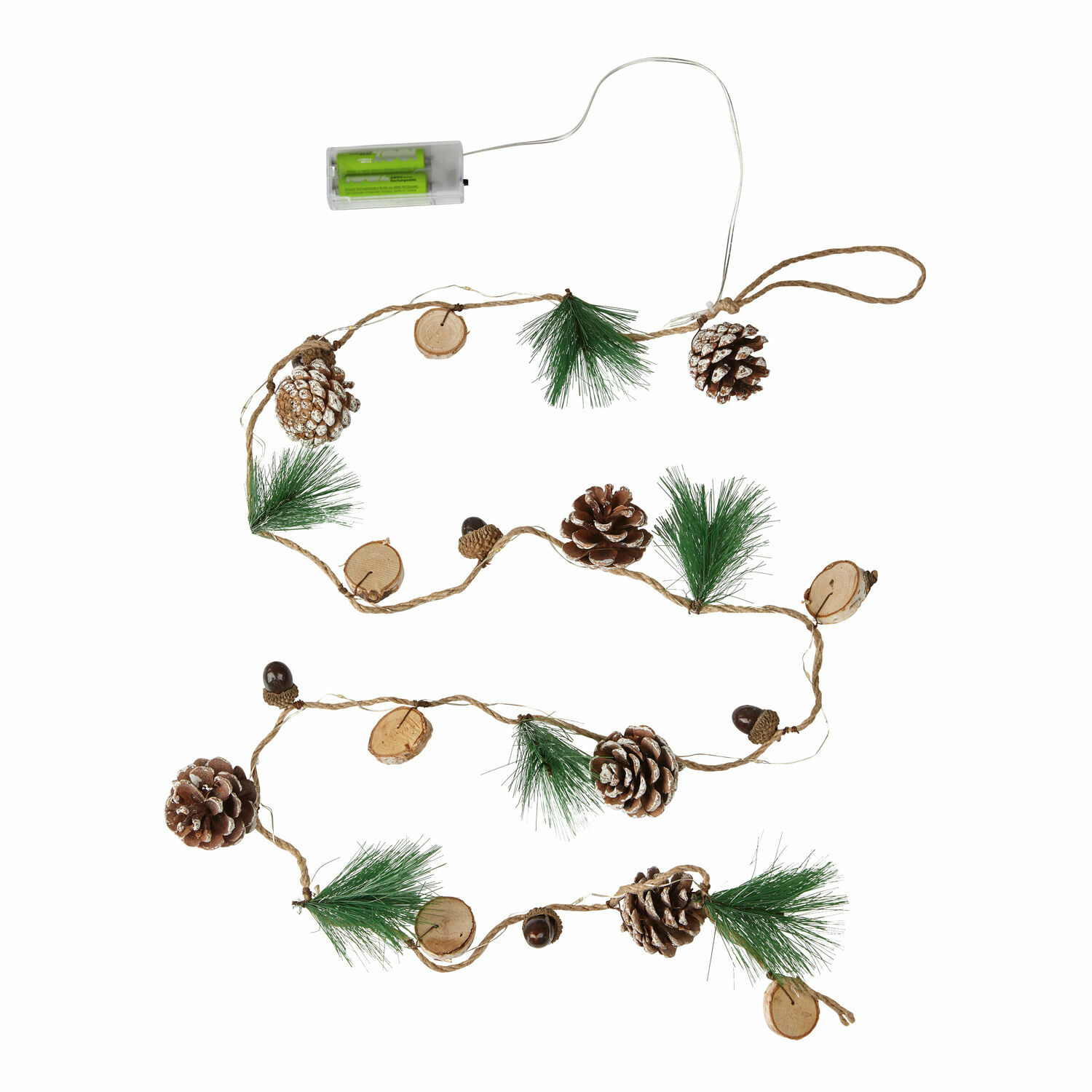 Guirlande lumineuse Clay Guirlande décorative avec pommes de pin, branches vertes et rondelles de bois sur corde, alimentée par piles
