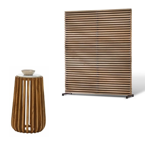 Paravent en bois et table d'appoint avec plateau blanc, bois naturel, design moderne pour salon