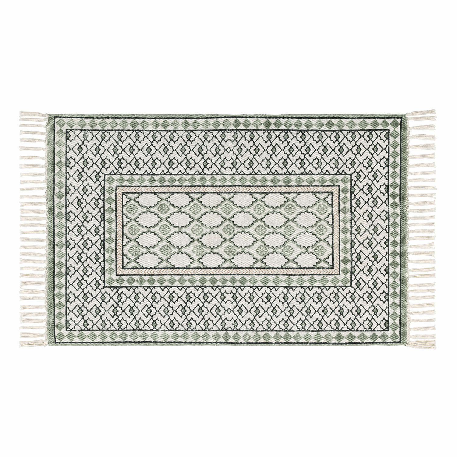 Tapis de bain Vellantino Tapis en coton vert et blanc avec franges, motif décoratif pour salon confortable