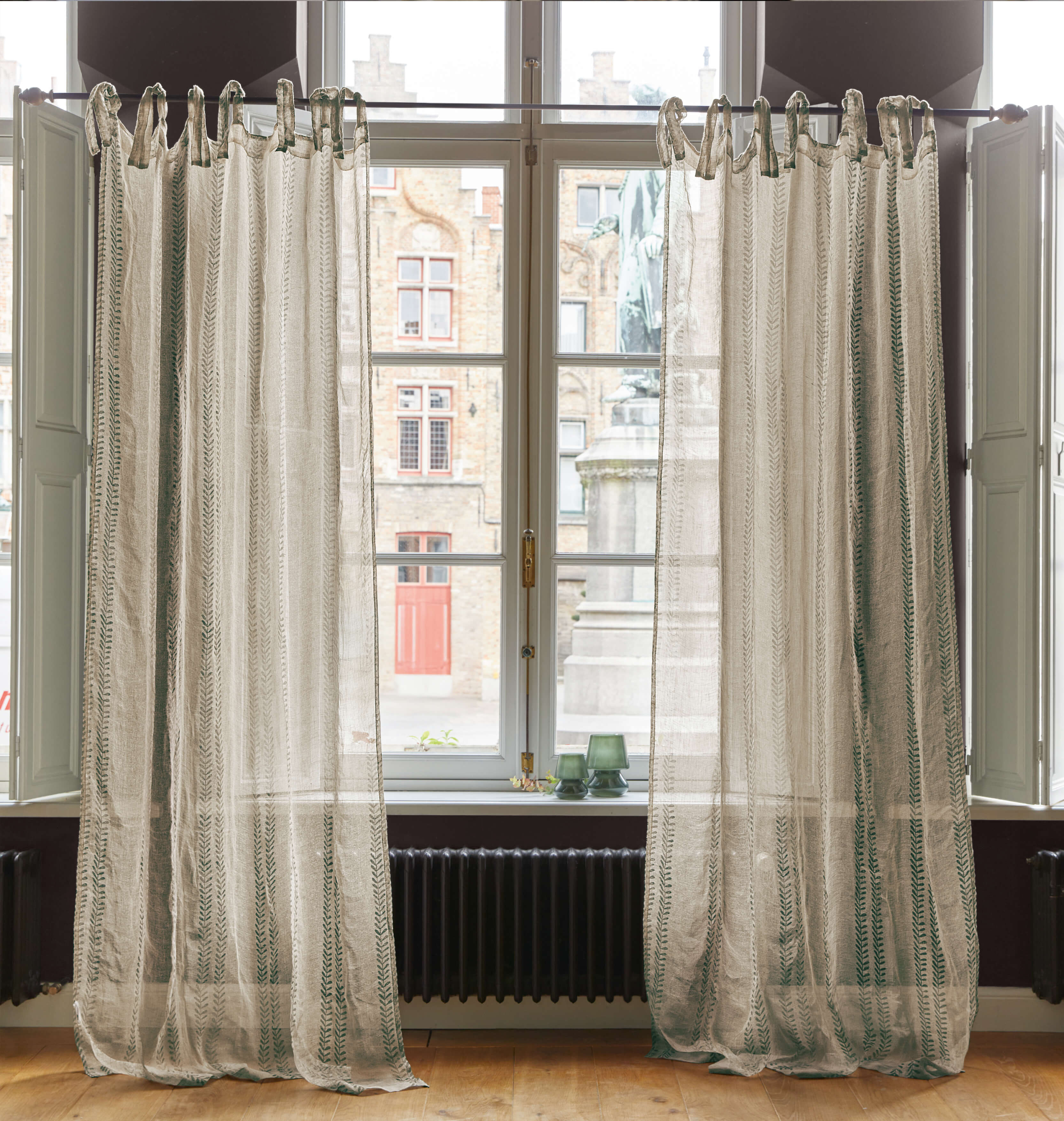 Rideaux transparents en lin naturel avec motif vert, décoration de fenêtre élégante pour salon