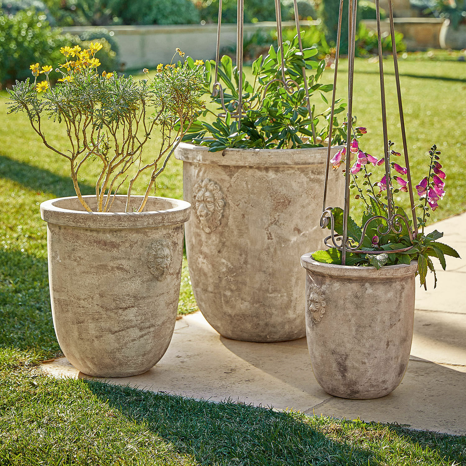 Lot de 3 cache-pots Autigny Trois grands pots en béton gris avec plantes dans un jardin ensoleillé extérieur