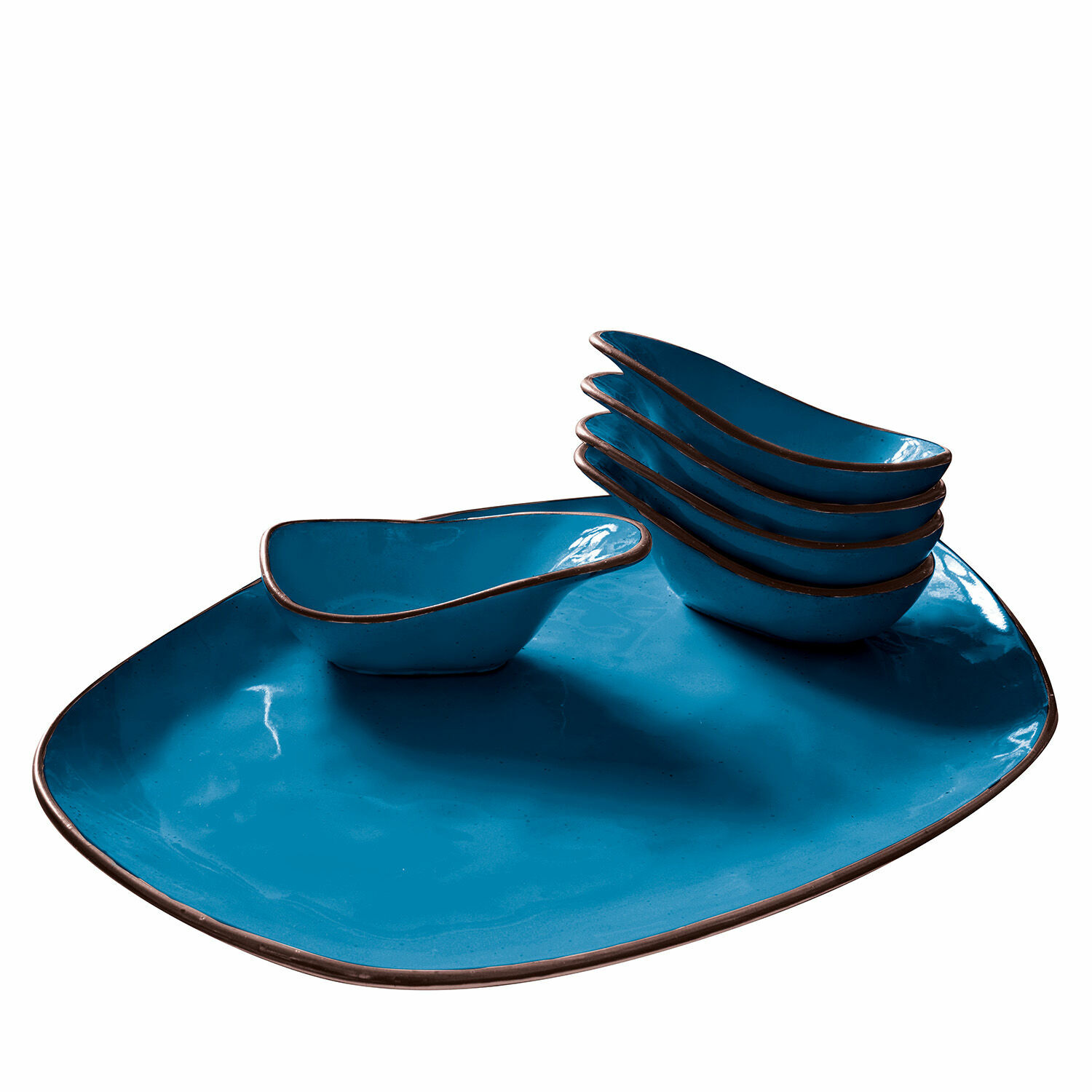bleu Ensemble de 6 coupelles en céramique bleue avec grand plat de service bordé de brun