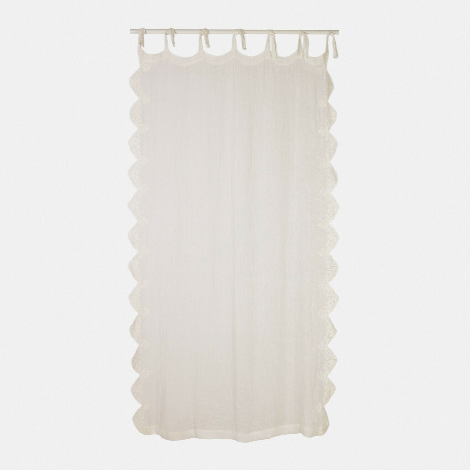 Rideau blanc en coton avec bord ondulé et attaches à nouer, décoration de fenêtre élégante