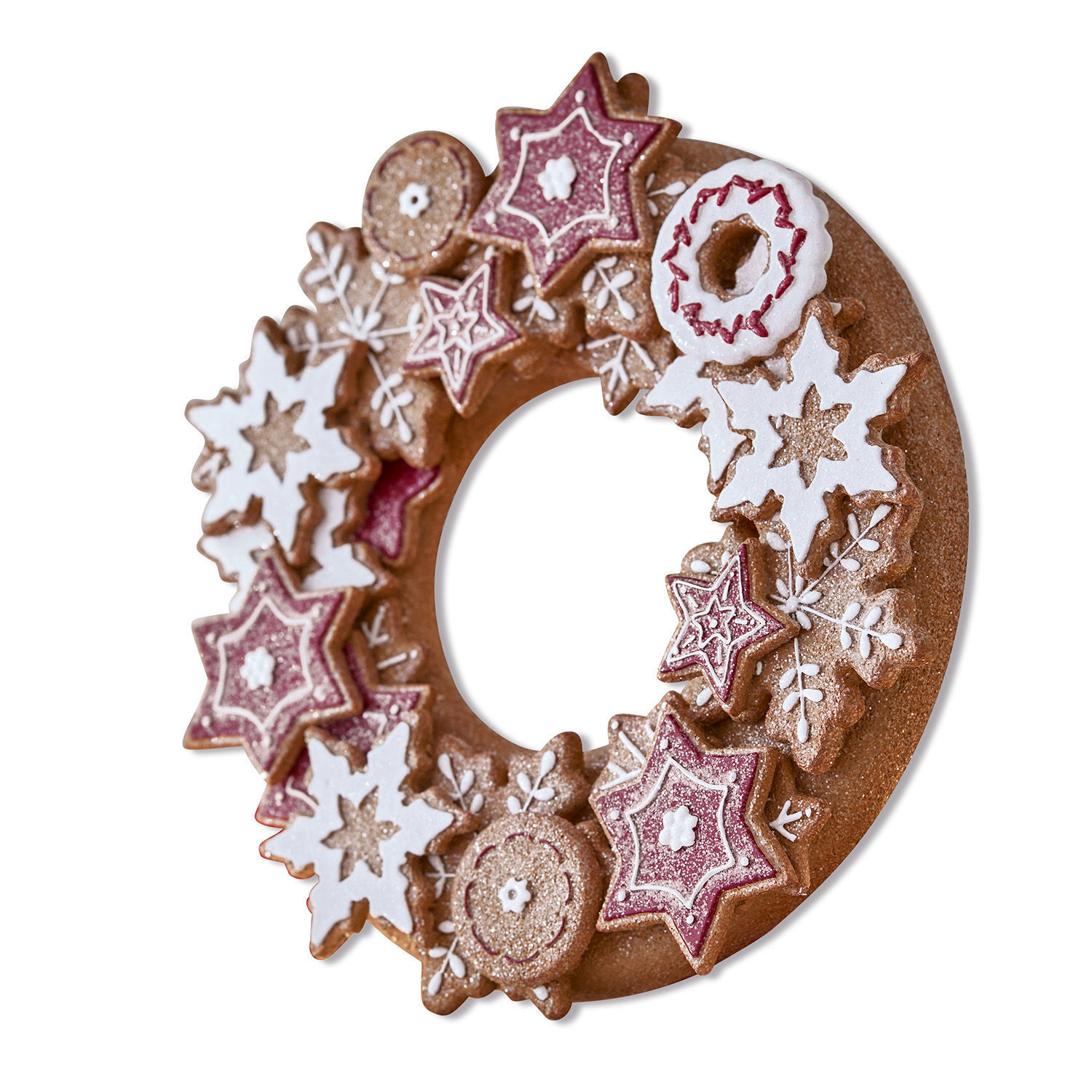 Couronne Anyama Couronne décorative en biscuits épicés en forme d'étoiles et flocons avec glaçage blanc et rouge