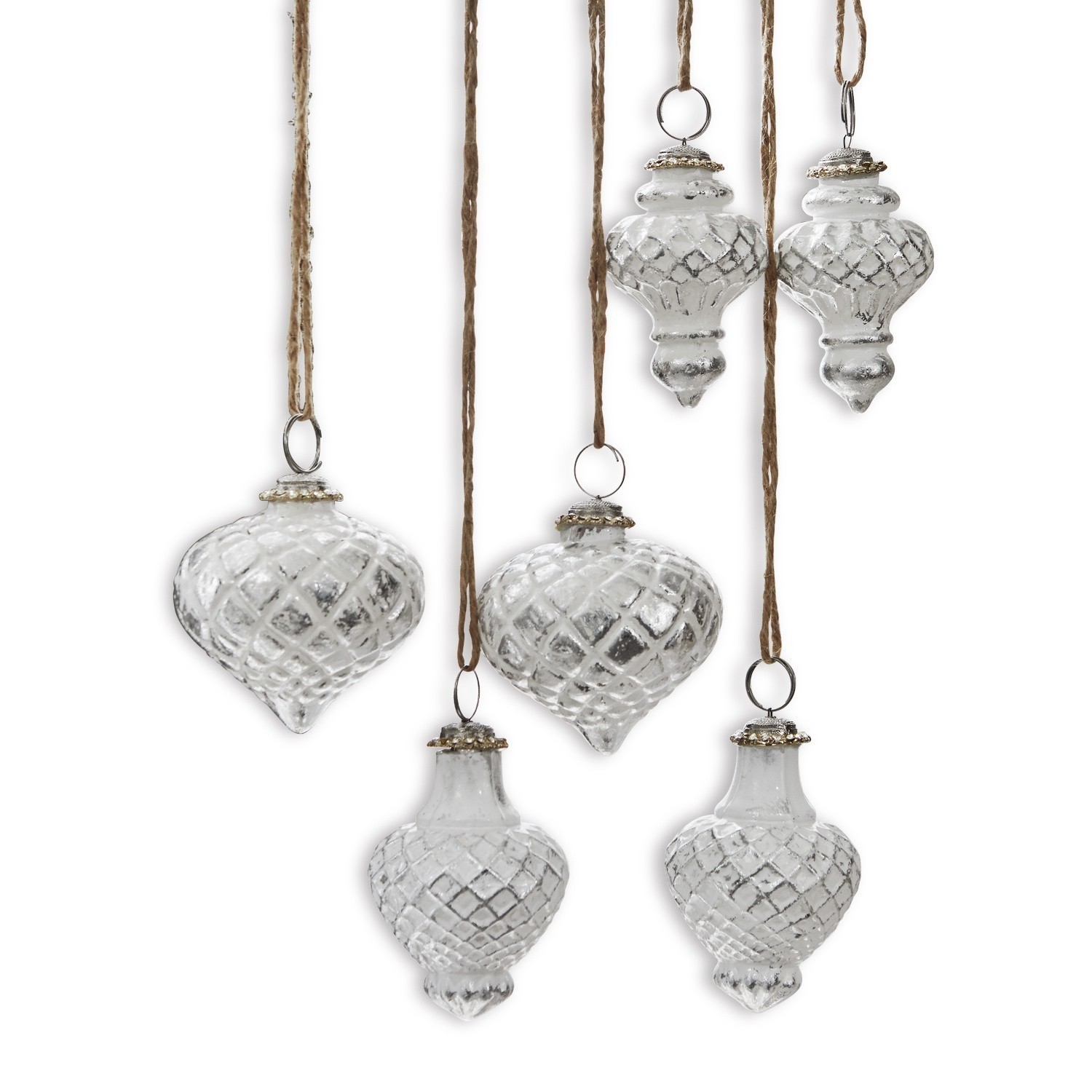 Lot de 6 décorations de Noël Appilly Ensemble de six décorations suspendues en verre blanc avec corde, ornements de Noël vintage