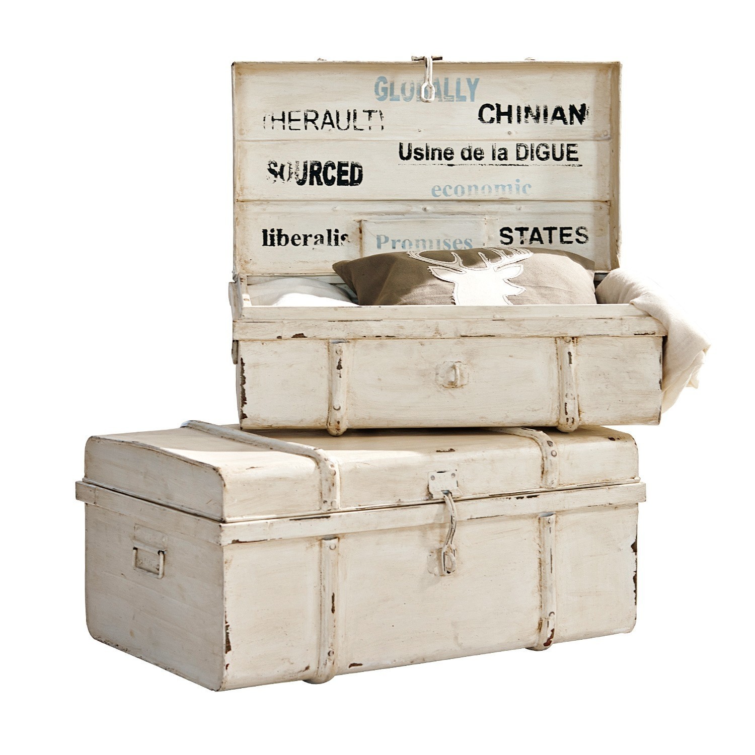 Lot de 2 malles Riga Coffre en bois blanc vieilli avec texte imprimé, coffre de rangement décoratif pour intérieur vintage