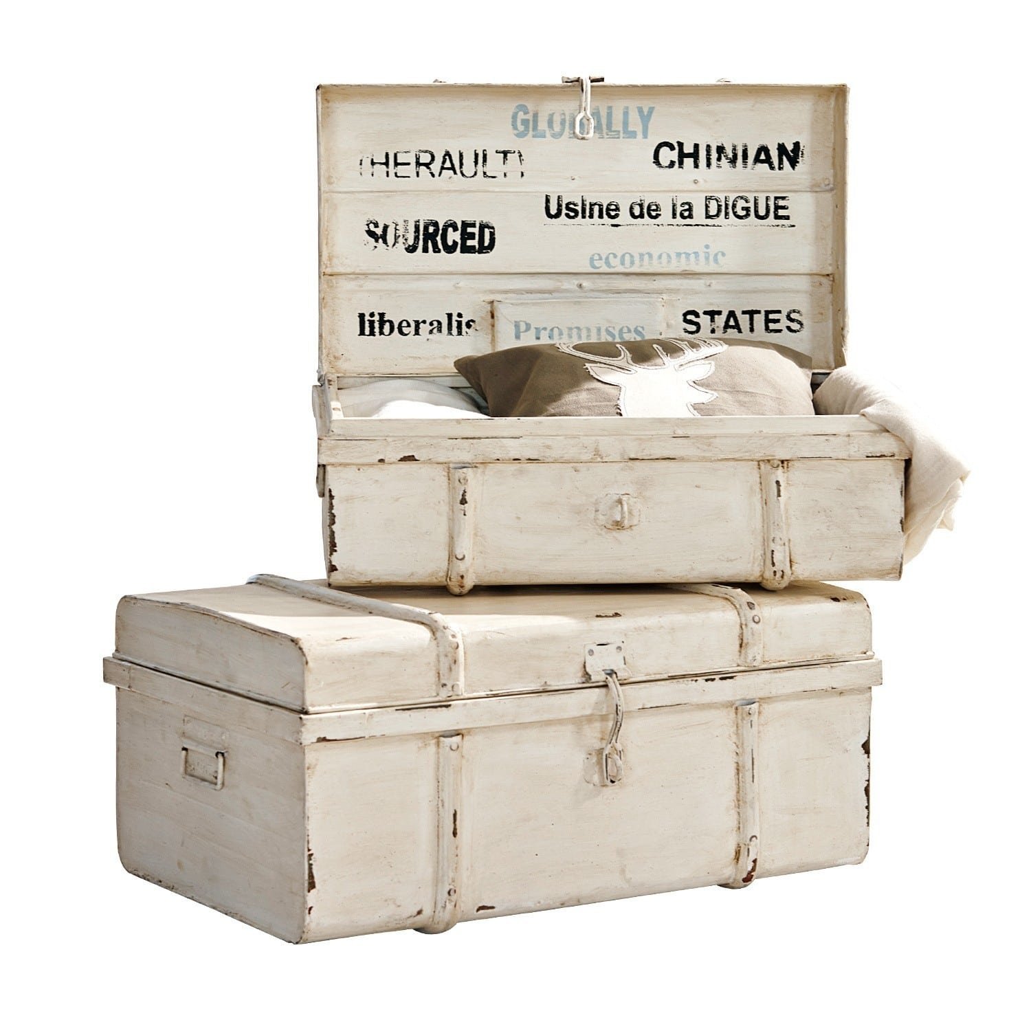 Lot de 2 malles Riga Coffre en bois blanc vieilli avec texte imprimé, coffre de rangement décoratif pour intérieur vintage