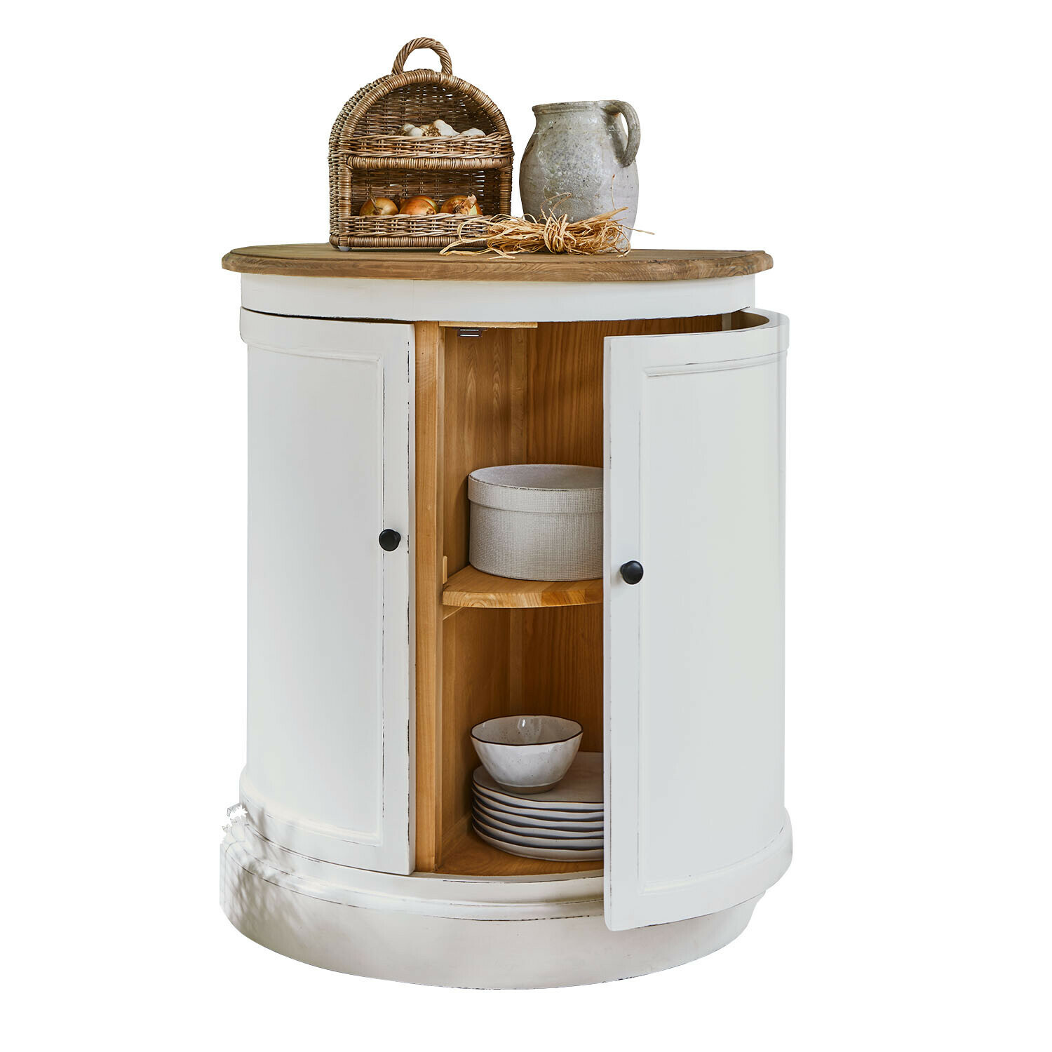 Buffet Louisiana Armoire ronde blanche en bois avec étagères et plateau en bois naturel pour ranger la vaisselle