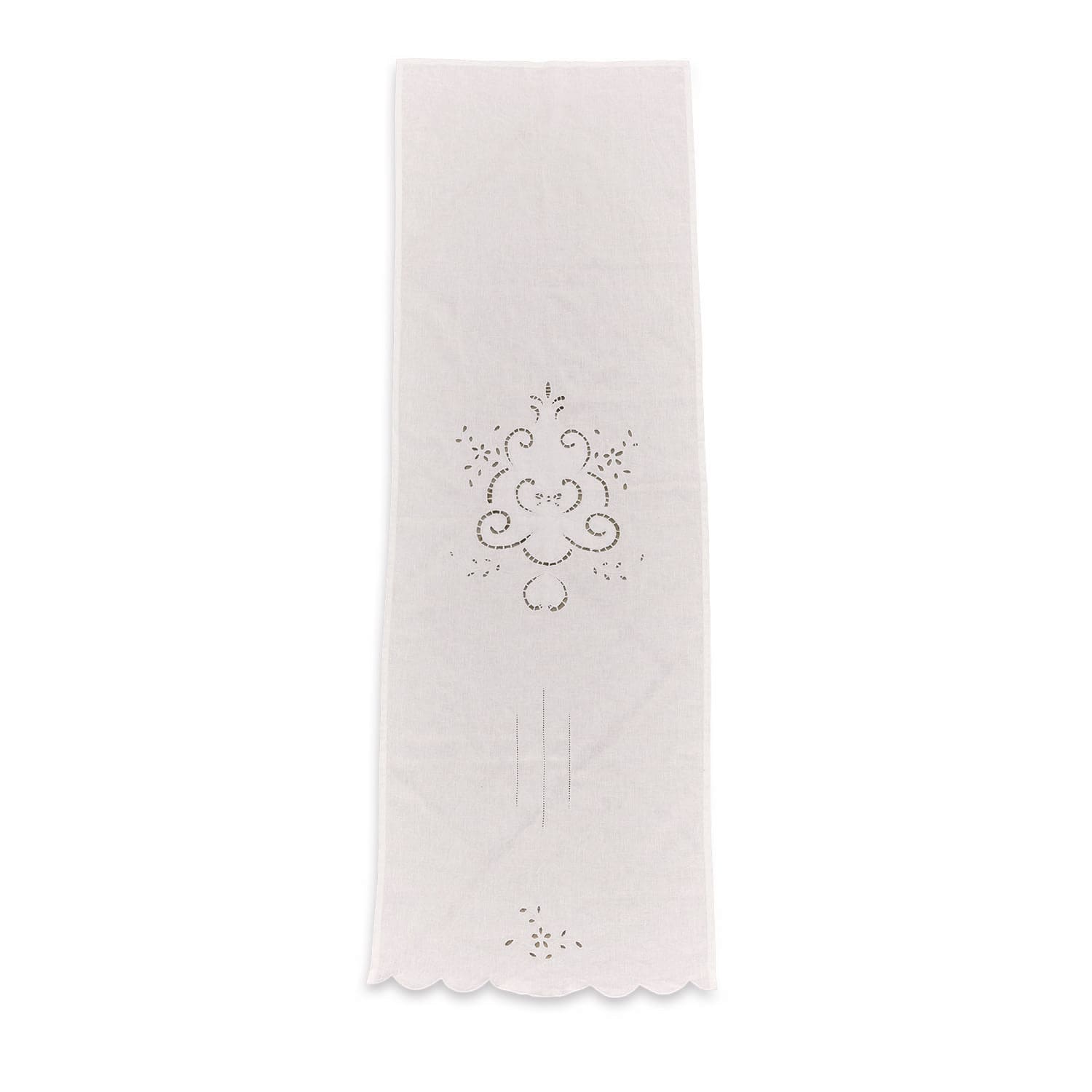 Chemin de table Kara Chemin de table blanc en lin avec motif ajouré et bord festonné pour décoration