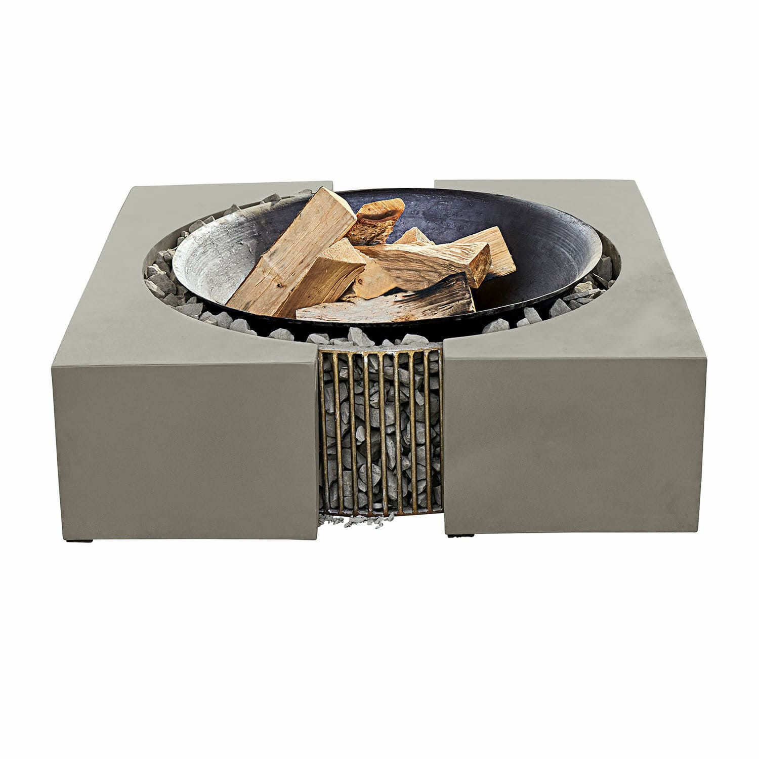 Brasero Charonville Brasero carré moderne en béton gris avec cuve en métal et bûches pour jardin extérieur