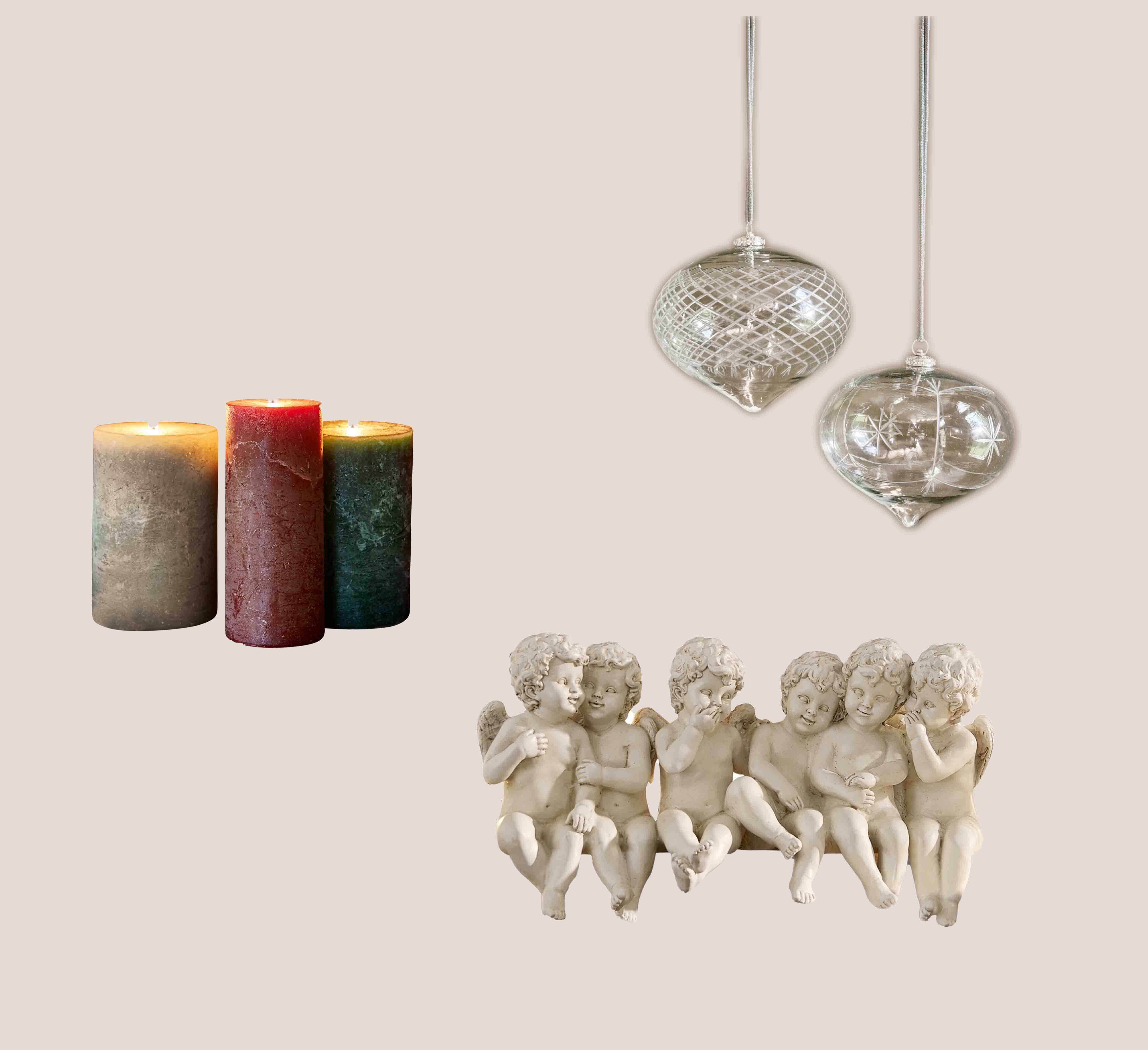 Ensemble de bougies gris, rouge et vert avec décorations suspendues en verre gravé pour décoration intérieure