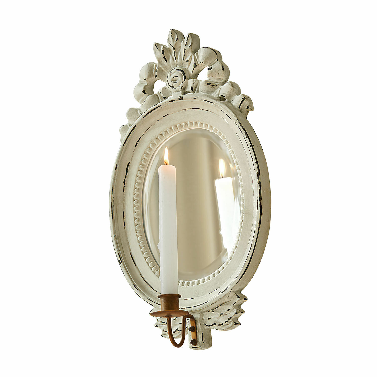 Bougeoir mural Vallombre Miroir mural ovale en bois blanc avec motif floral décoratif et bougeoir en laiton
