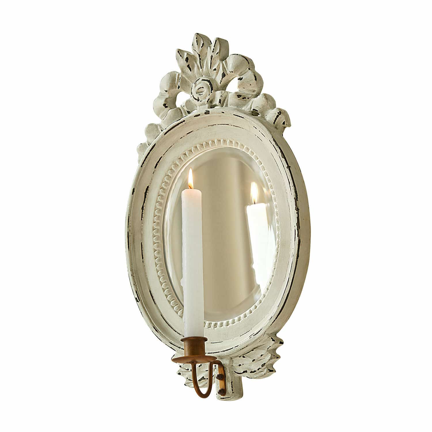 Bougeoir mural Vallombre Miroir mural ovale en bois blanc avec motif floral décoratif et bougeoir en laiton