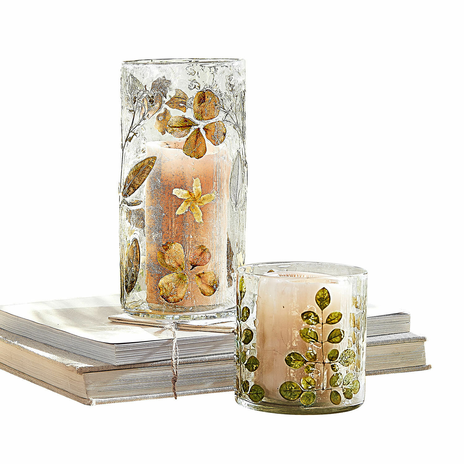 Lot de 2 photophores Quoturi Photophores en verre avec fleurs et feuilles séchées, décoration naturelle posée sur des livres