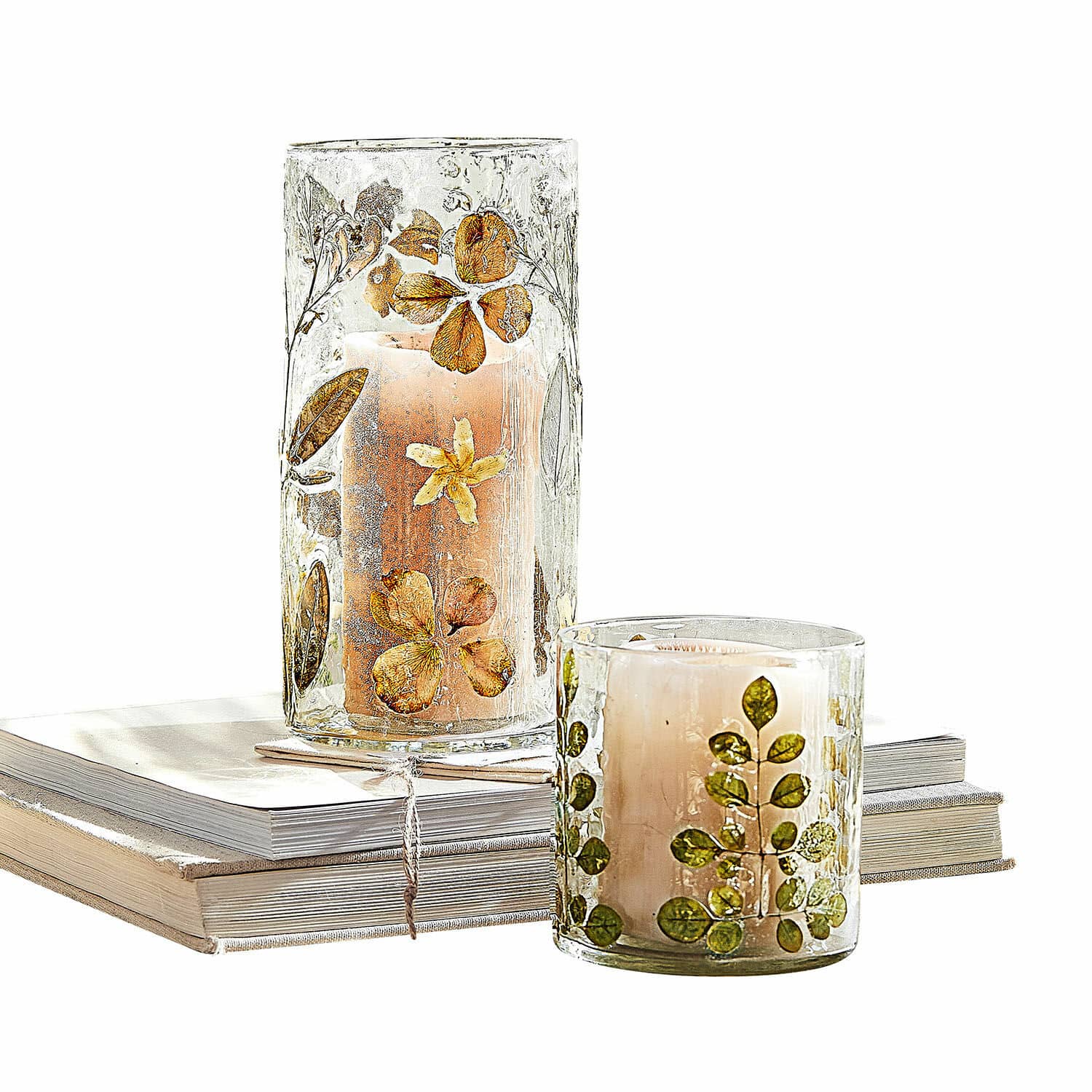Lot de 2 photophores Quoturi Photophores en verre avec fleurs et feuilles séchées, décoration naturelle posée sur des livres