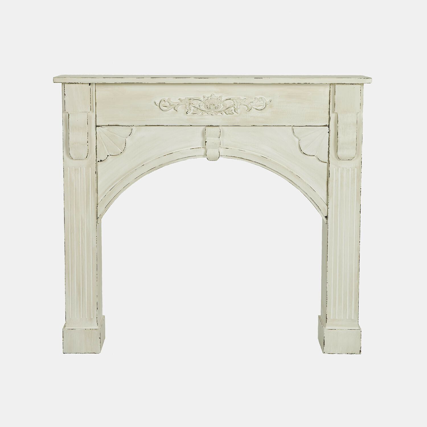 blanc vieilli Console de cheminée Maxwell en bois peint blanc antique avec ornements sculptés et style classique