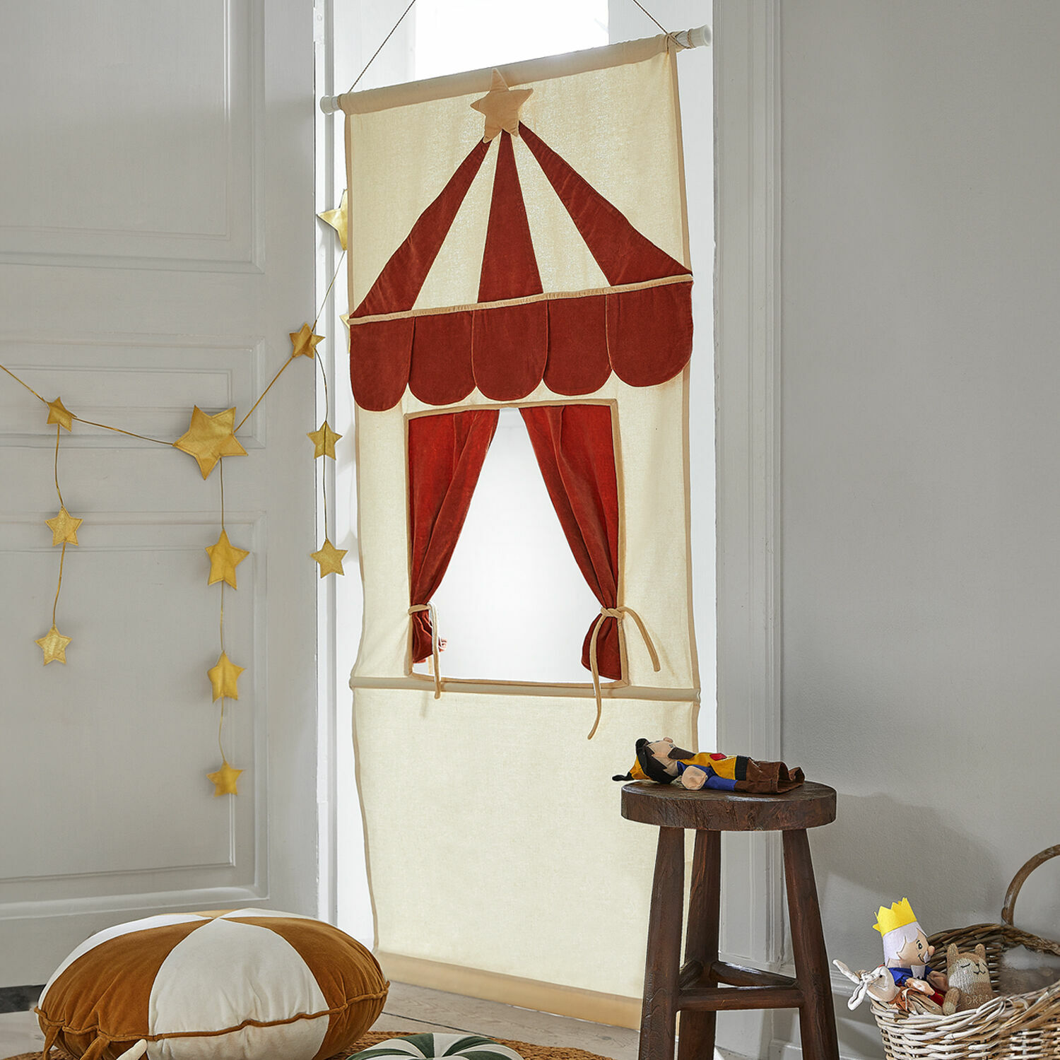 Théâtre de marionnettes Papillou Rideau beige en coton avec motif de cirque rouge, décoration murale pour chambre d'enfant