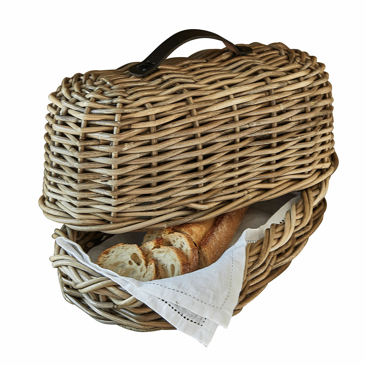 Corbeille à pain Gioialetto Panier à pain en rotin naturel avec une serviette blanche et une baguette à l'intérieur
