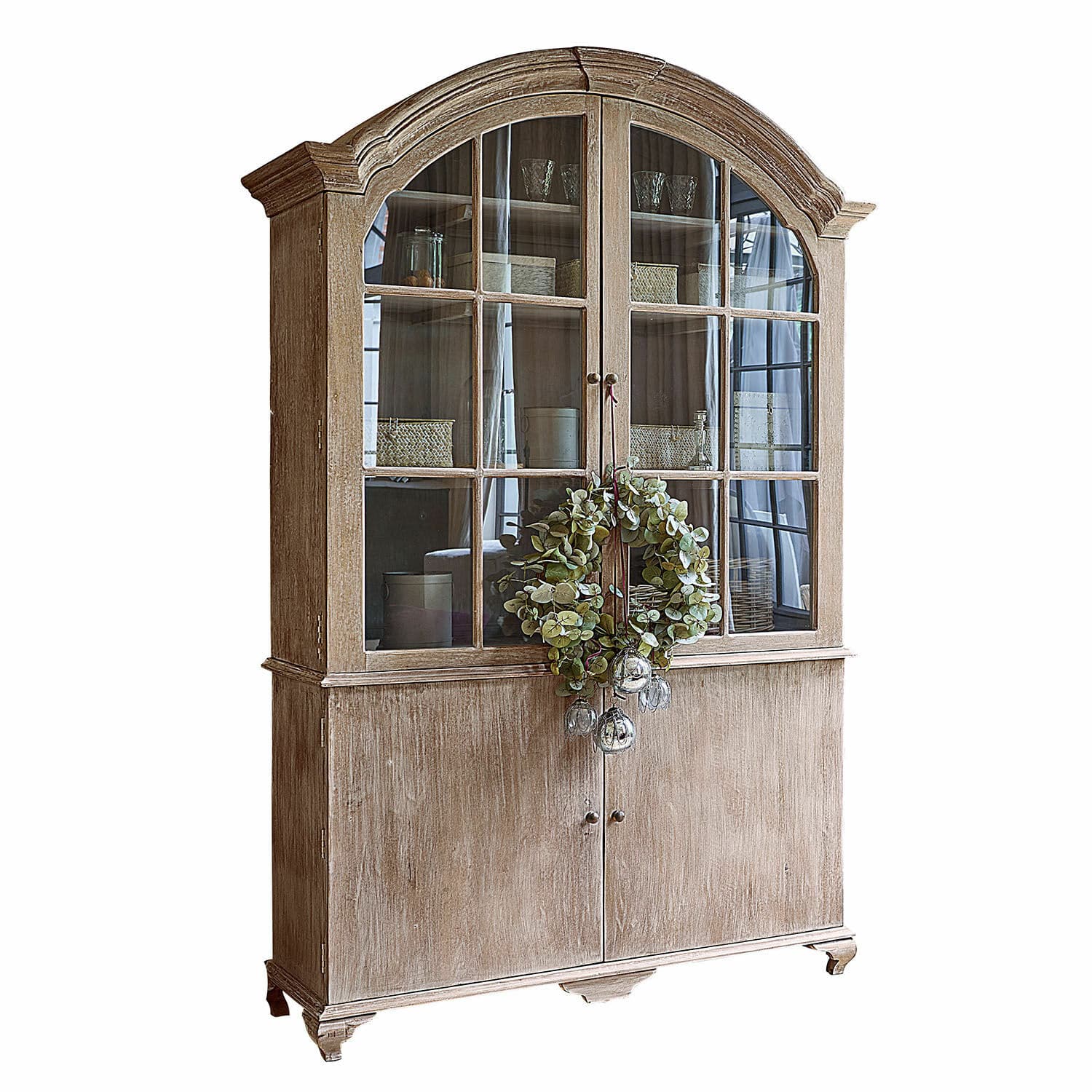 Buffet Périmonde Vitrine en bois avec portes vitrées et couronne décorative en bois naturel clair