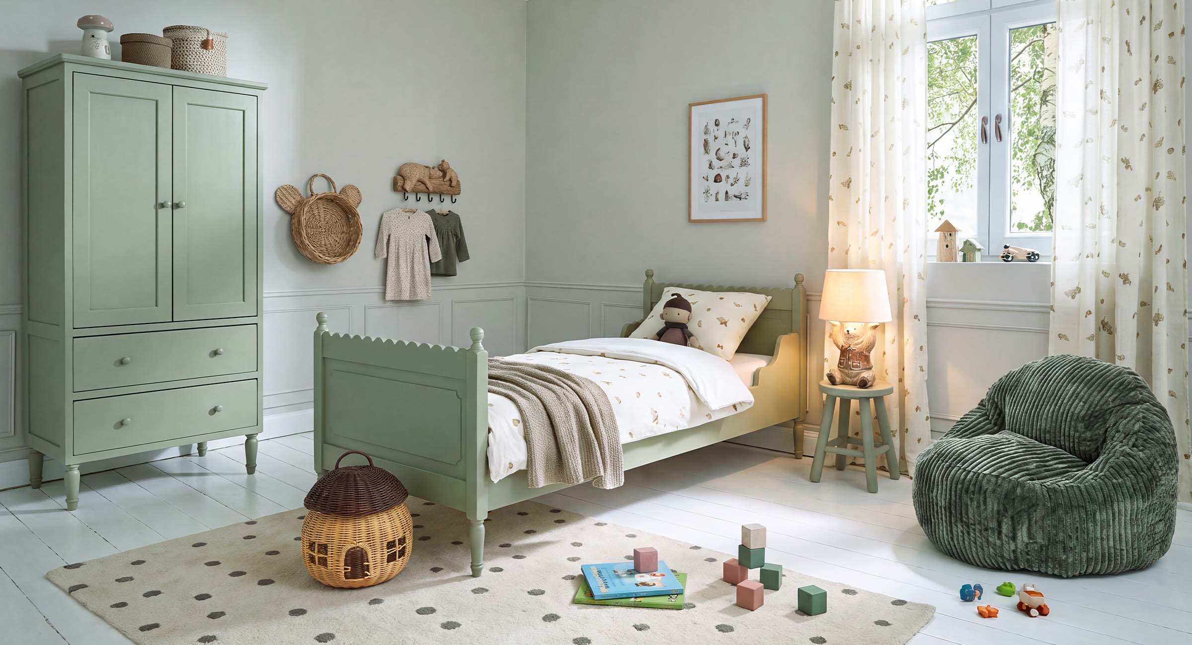 Chambre d'enfant douce avec lit et armoire en bois vert, fauteuil moelleux et jouets colorés