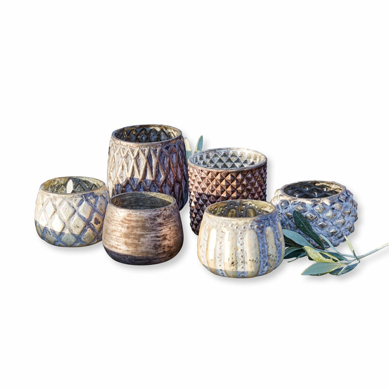 Lot de 6 photophores Fajolle Ensemble de six photophores en céramique marron et beige avec motifs décoratifs pour décoration intérieure
