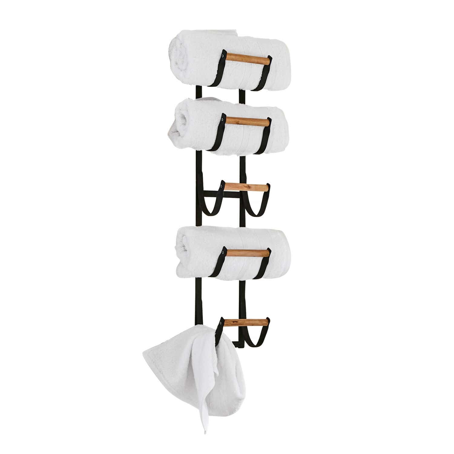 Rangement mural Utica Porte-serviettes mural en métal noir avec barres en bois et serviettes blanches pour salle de bain