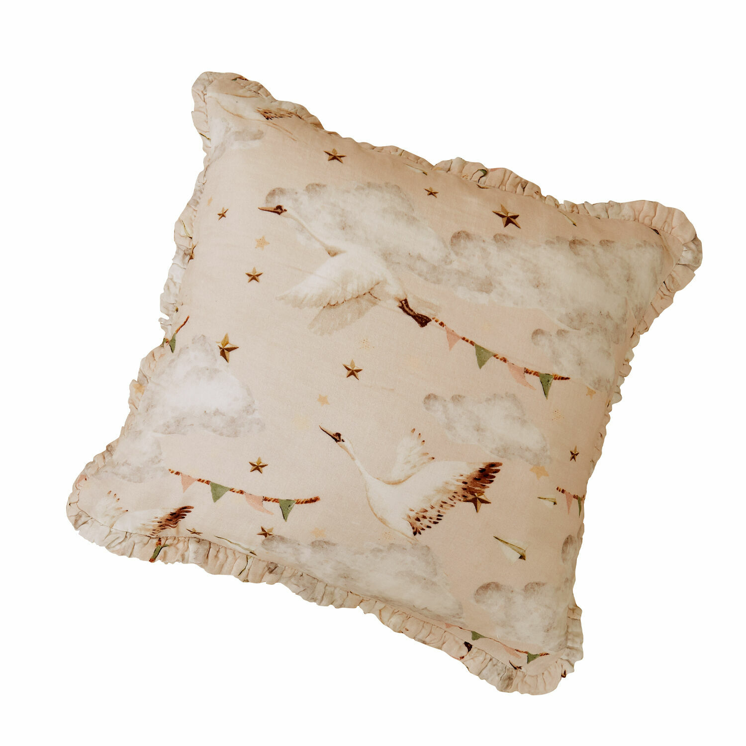 Housse de coussin Bellise Coussin beige en coton avec motif d'oiseaux volant et étoiles, décoration intérieure douce