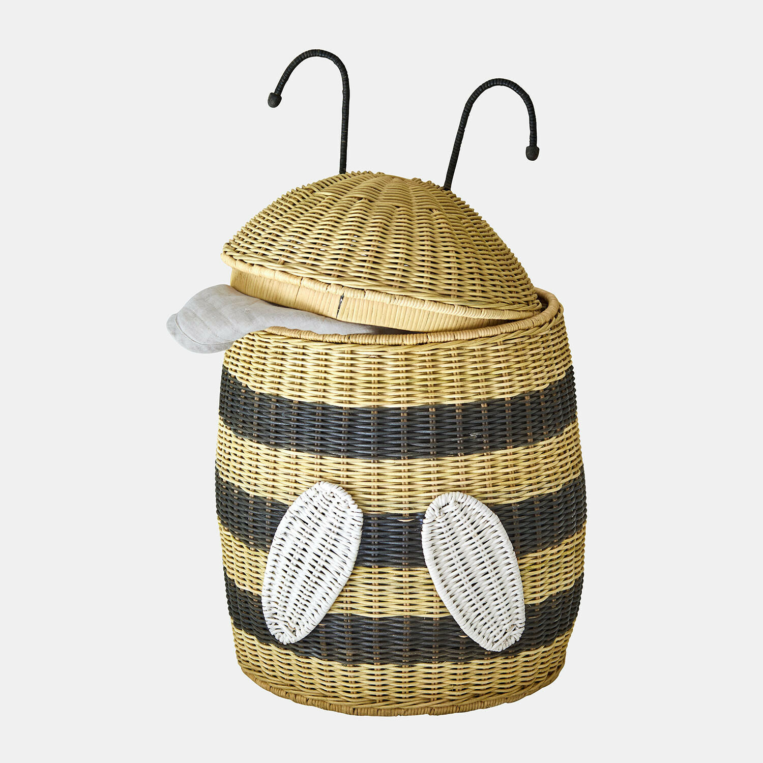 Panier « bourdon » Fluttery Panier en rotin en forme d'abeille avec rayures jaunes et noires, ailes blanches et antennes noires