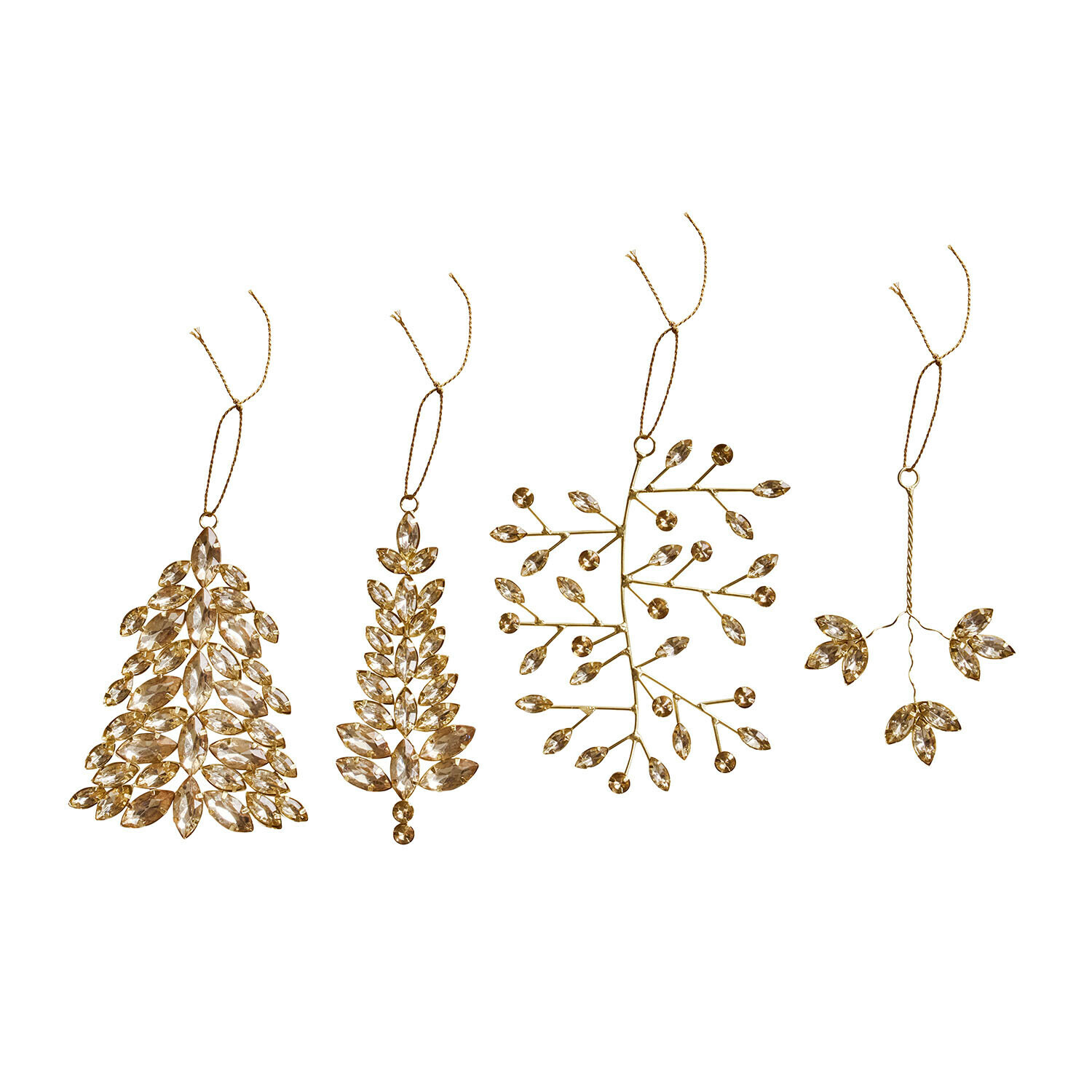 Décorations de Noël, set de 4 Zaniva Ensemble de quatre décorations dorées avec feuilles en cristal, suspendues par cordons pour Noël