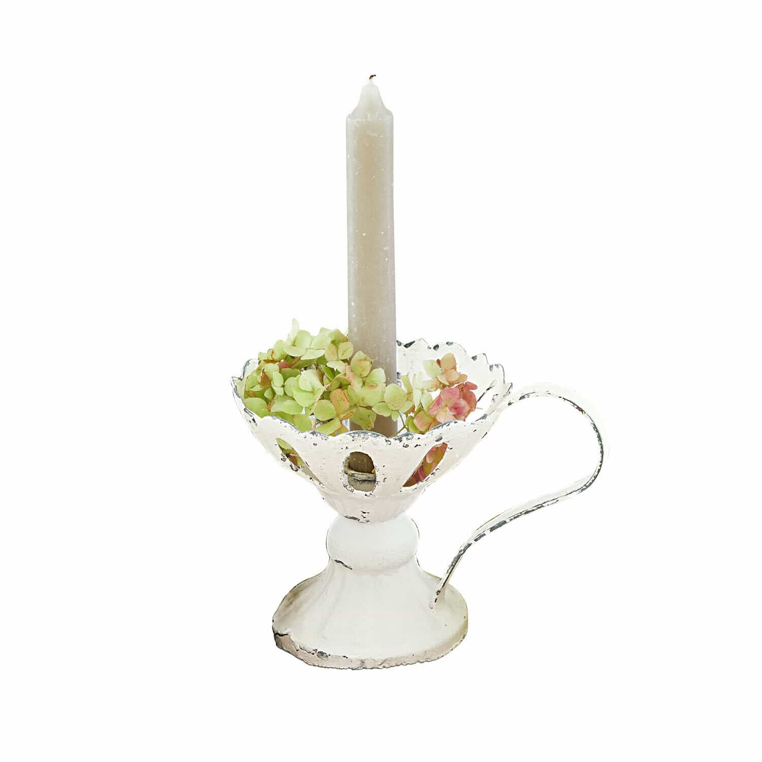 Bougeoir Ashwyn Bougeoir en métal blanc avec poignée, bougie beige et fleurs vertes et roses décoratives